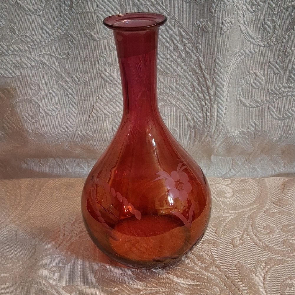 Vtg Bohemiam Ruby Red Etch Glass Vase/Wine Decanter